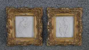 Two gilt framed 19th century ceramic relief plaques of Greek goddesses. Indistinctly signed and