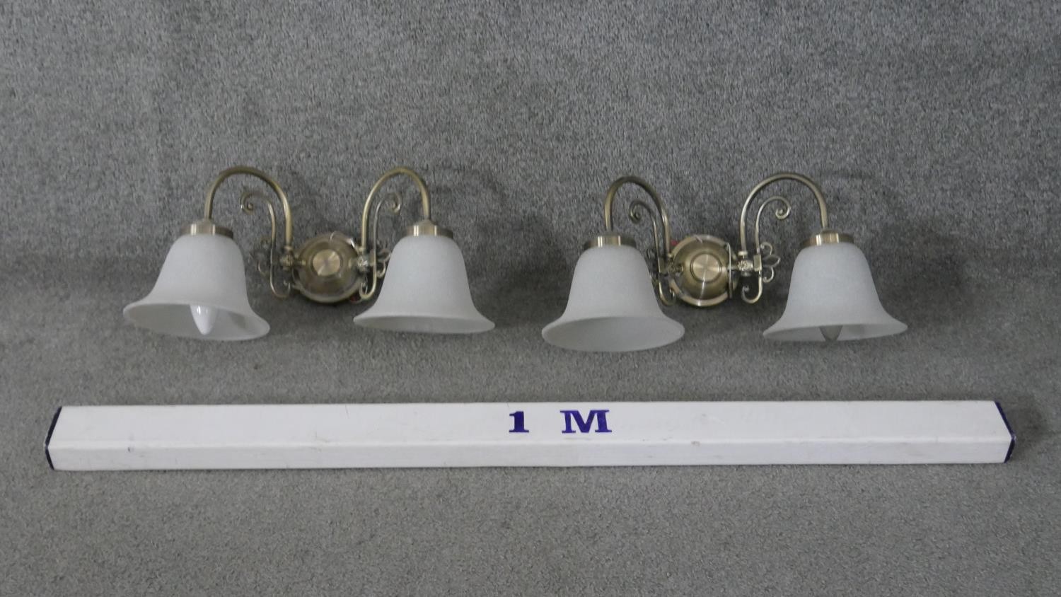A pair of brushed brass and glass two branch wall lights. Each with two bell shaped frosted milk - Image 3 of 3