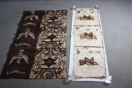 Two large unframed Tonganese Tapa cloth wall hangings depicting birds. H.140 W.69 cm.