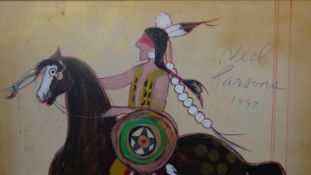 Neil Parsons (B.1938), a framed oil on board, Native American on horseback "A real dandy" signed and