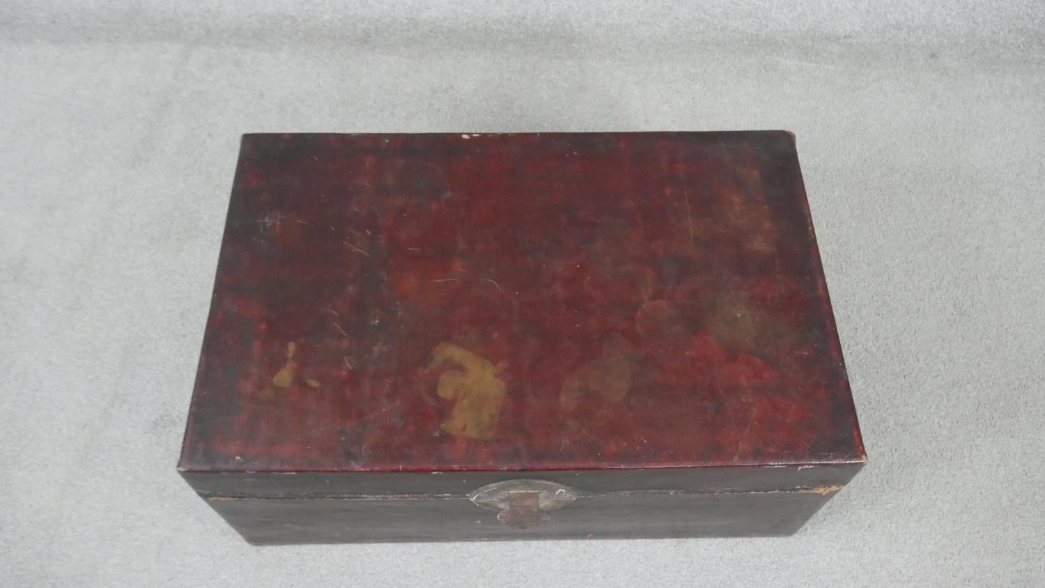 A Chinese leather wedding box with fabric interior and brass fittings. H.36t W.76 D.48cm - Image 5 of 8