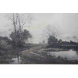 A framed and glazed hand coloured engraving of a countryside landscape with duck pond and farm girl.