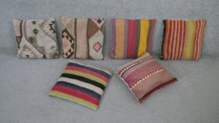 A miscellaneous collection of six kelim cushions. H.39 W.39 cm