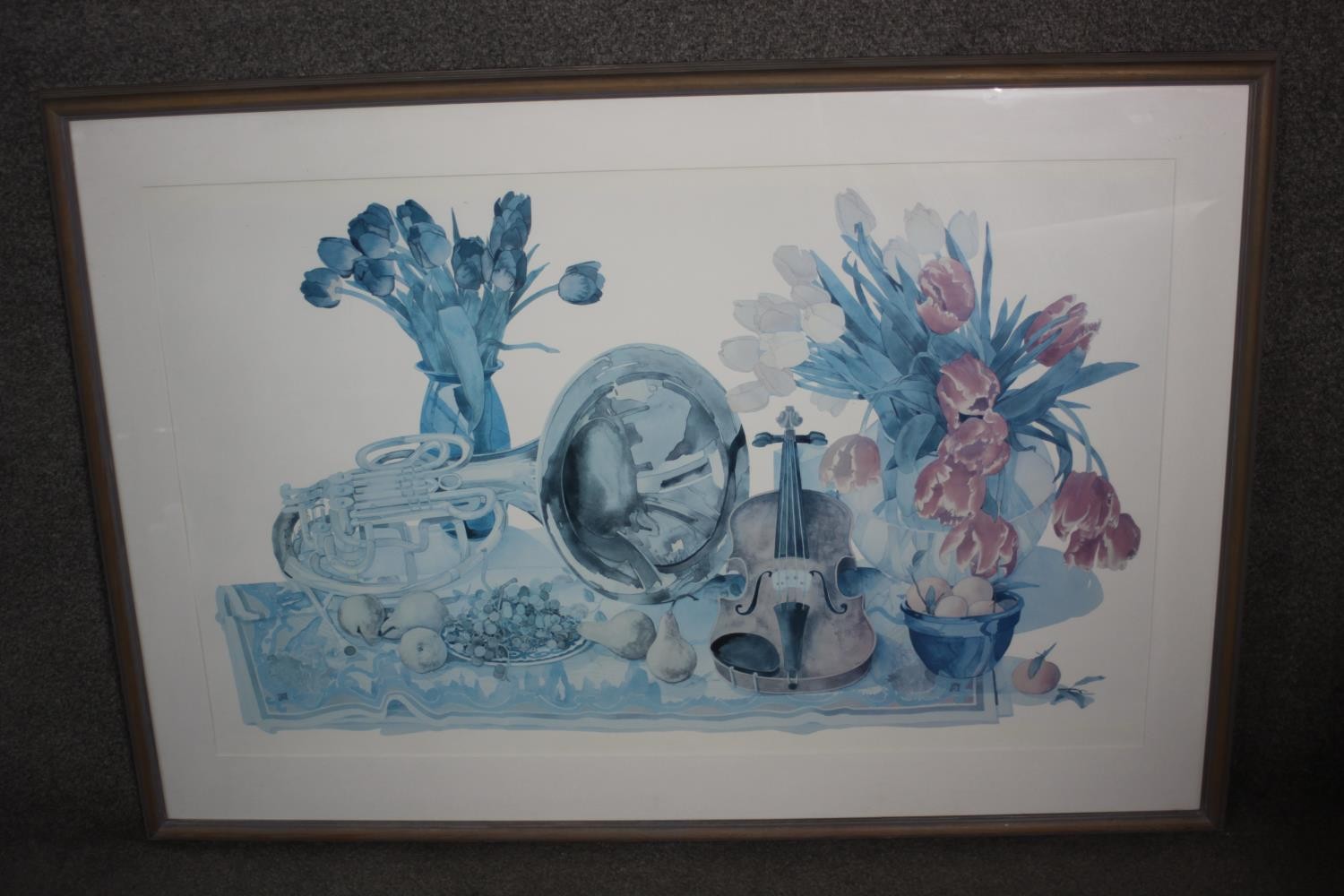 A large framed and glazed print of a still life with violin, tuba and flowers. H.90 W.130 cm - Image 2 of 4