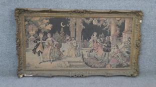 A framed Aubusson style tapestry of a ball scene. H.104 W.60 cm