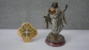 A painted hot cast bronze sculpture 'Jesus now and forever', label to base along with a gilt metal