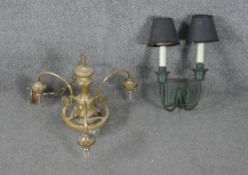 A three branch brass chandelier along with a dark green metal two branch wall light. H.40 W.45cm (