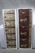Two large framed an glazed Tonganese Tapa cloth wall hangings, one depicting animals and one