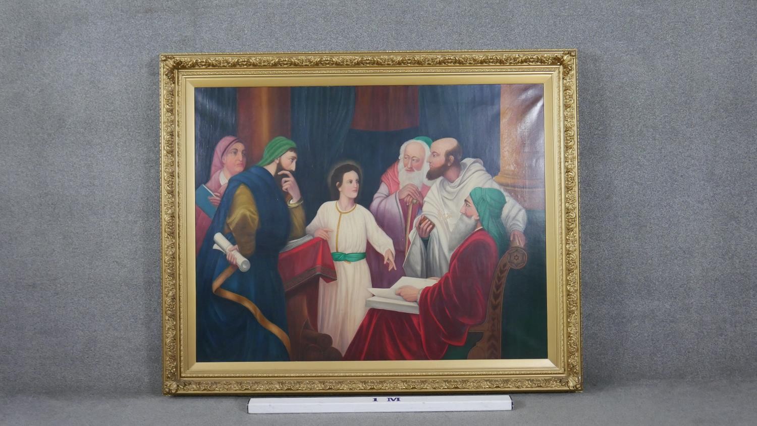 A large gilt framed oil on canvas of 'Christ Among the Doctors.' Unsigned. H.138 W.168cm - Image 7 of 7