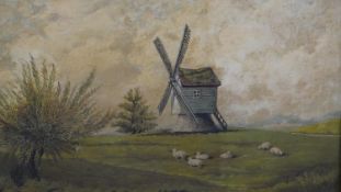 A carved gilt framed 19th century oil on canvas of a landscape with windmill and pond. Signed W.
