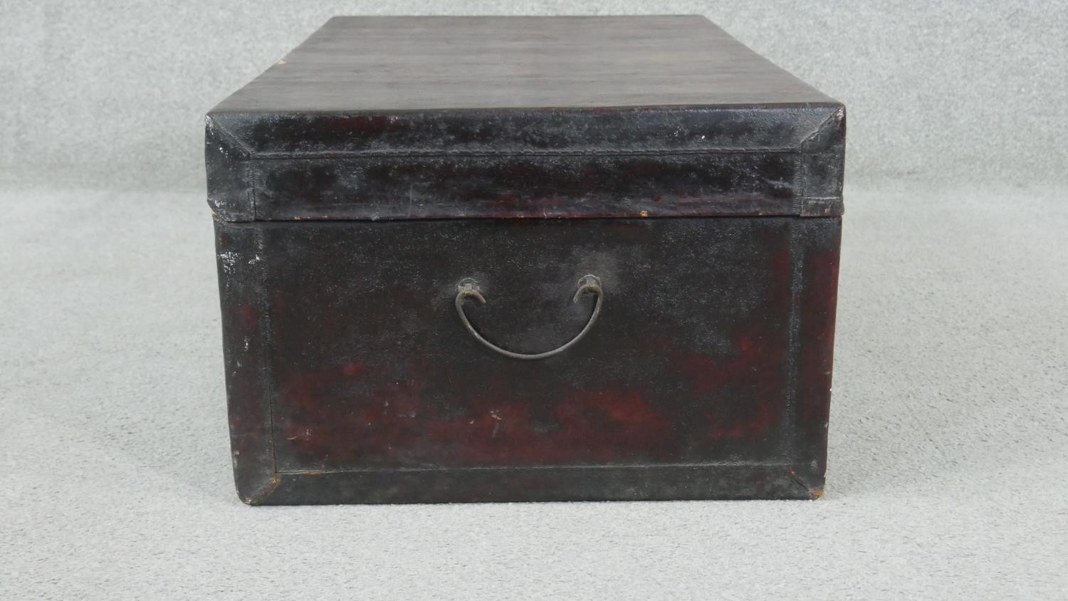 A Chinese leather wedding box with fabric interior and brass fittings. H.36t W.76 D.48cm - Image 6 of 8