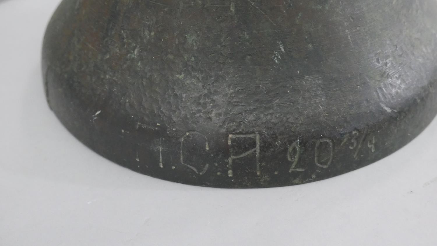 An early 20th century bronze bell, inscribed to the rim 20 3/4. H.25 Diam.24cm - Image 3 of 5