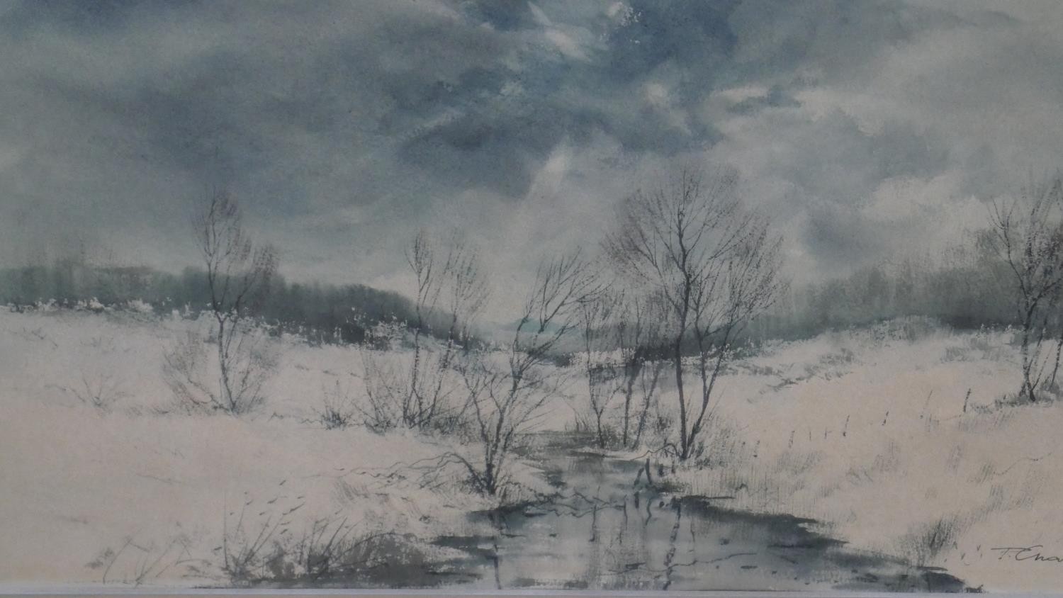 Pierre Chariot (1929 - ) A framed and glazed snowy winter riverscape. Signed. H.53 W.66cm