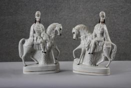 A pair of 19th century Staffordshire flat back figures of Scottish hunters on horseback. H.38 w.24