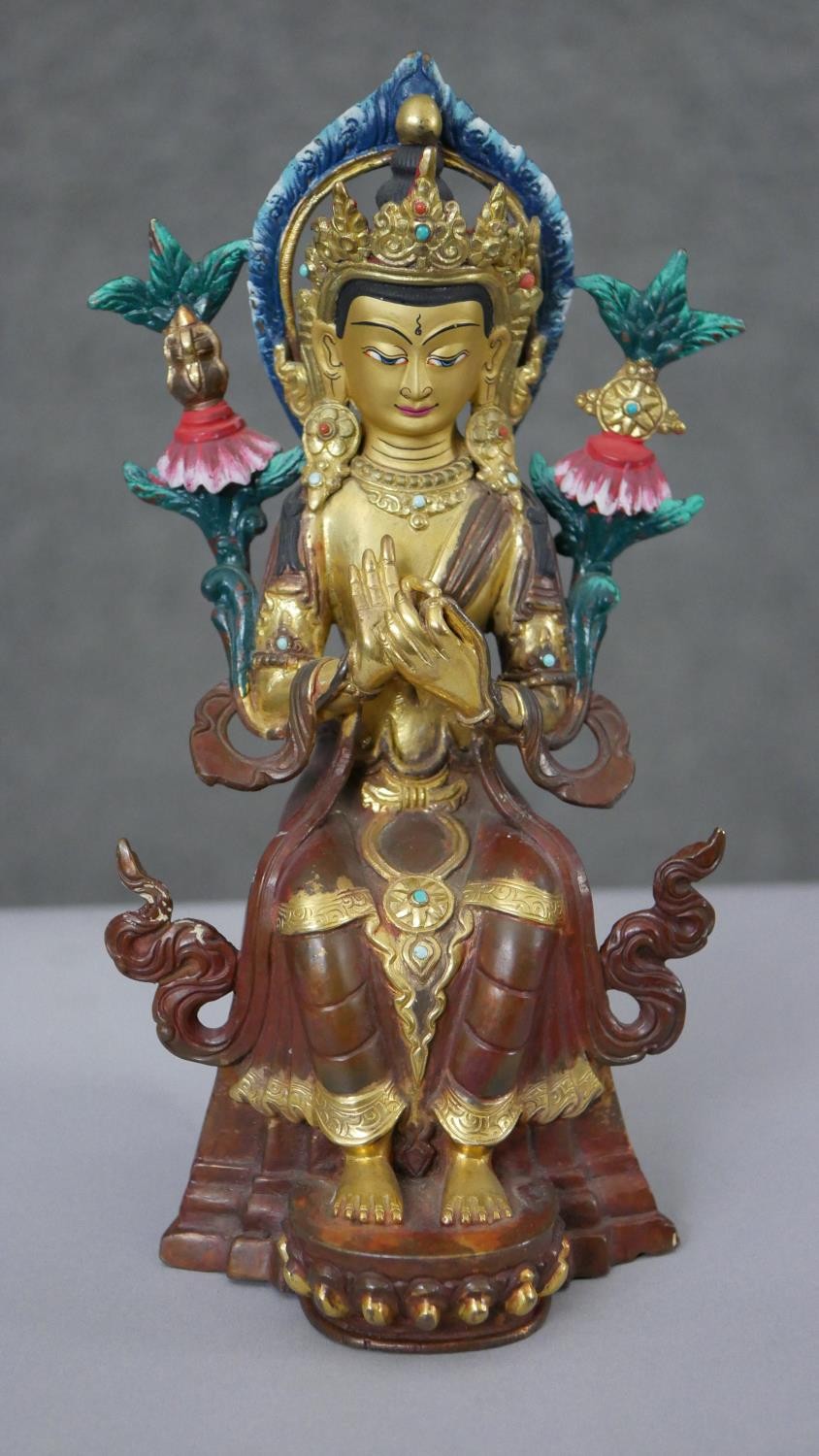 Three Tibetan gilded copper figures with hand painted detail and inlaid with coral and turquoise. - Image 6 of 9