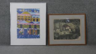 Two framed and glazed prints. One a woodcut of abstract buildings, unsigned the other a linocut of a