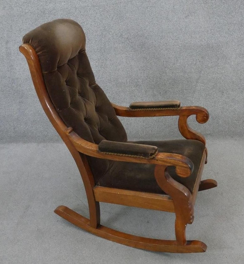 A 19th century mahogany framed rocking chair in buttoned velour upholstery. - Image 2 of 6