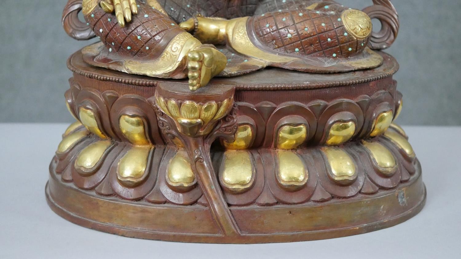 A large 20th century hand painted and gilded copper green Tara figure with hand painted details - Image 5 of 8