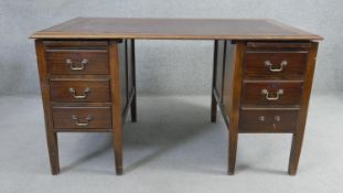 A vintage mahogany three section pedestal desk. H.75 W.136 D.82cm (With faults, as photographed).