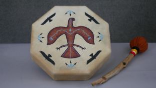 All One Tribe Native American skin drum with beater. Hand painted with eagle design and with