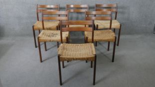 A set of six vintage teak cord chairs in the style of Arne Hovmand. (Three seats in need of repair