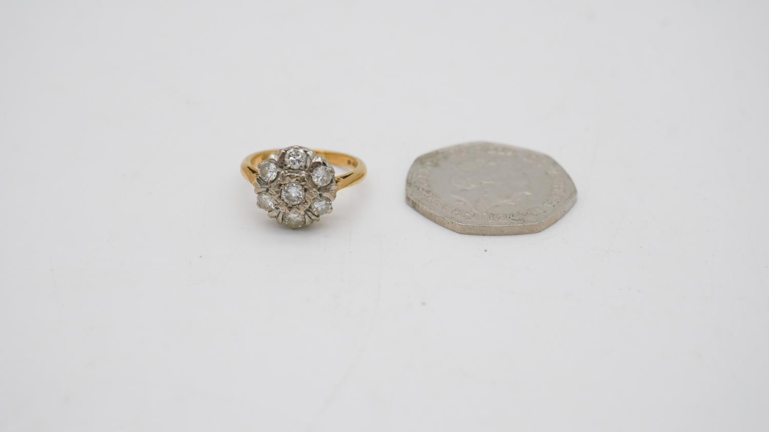 A 18 carat gold and white metal (tested platinum) diamond cluster ring. Set with seven round - Image 2 of 7