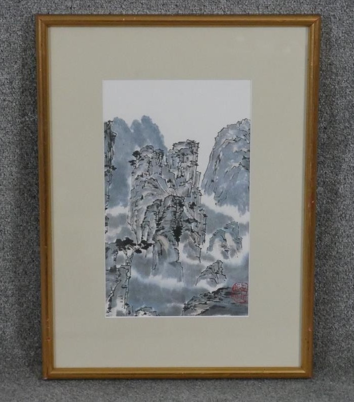 Peter Cavaciuti- A framed and glazed ink on paper of a Chinese mountain landscape, stamped with - Image 2 of 4