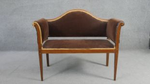 An Edwardian mahogany and satinwood strung window seat. H.85 W.100 D.43cm