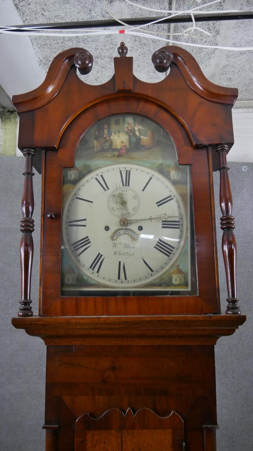 A Georgian figured mahogany longcase clock signed W. Raw Whitby with swan neck pediment, painted - Image 4 of 11
