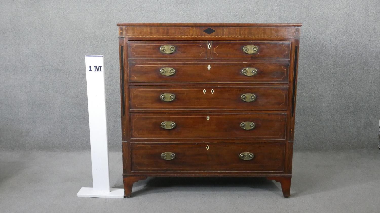 A Georgian mahogany, ebony and satinwood strung secretaire chest with fall front revealing fitted - Image 2 of 13