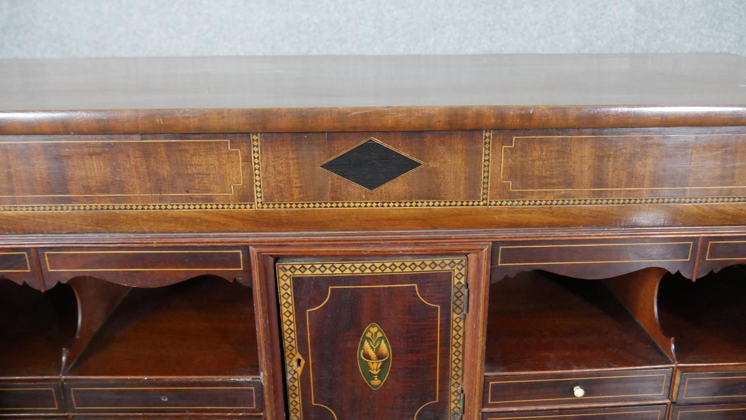 A Georgian mahogany, ebony and satinwood strung secretaire chest with fall front revealing fitted - Image 12 of 13