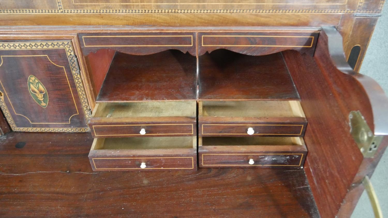 A Georgian mahogany, ebony and satinwood strung secretaire chest with fall front revealing fitted - Image 7 of 13