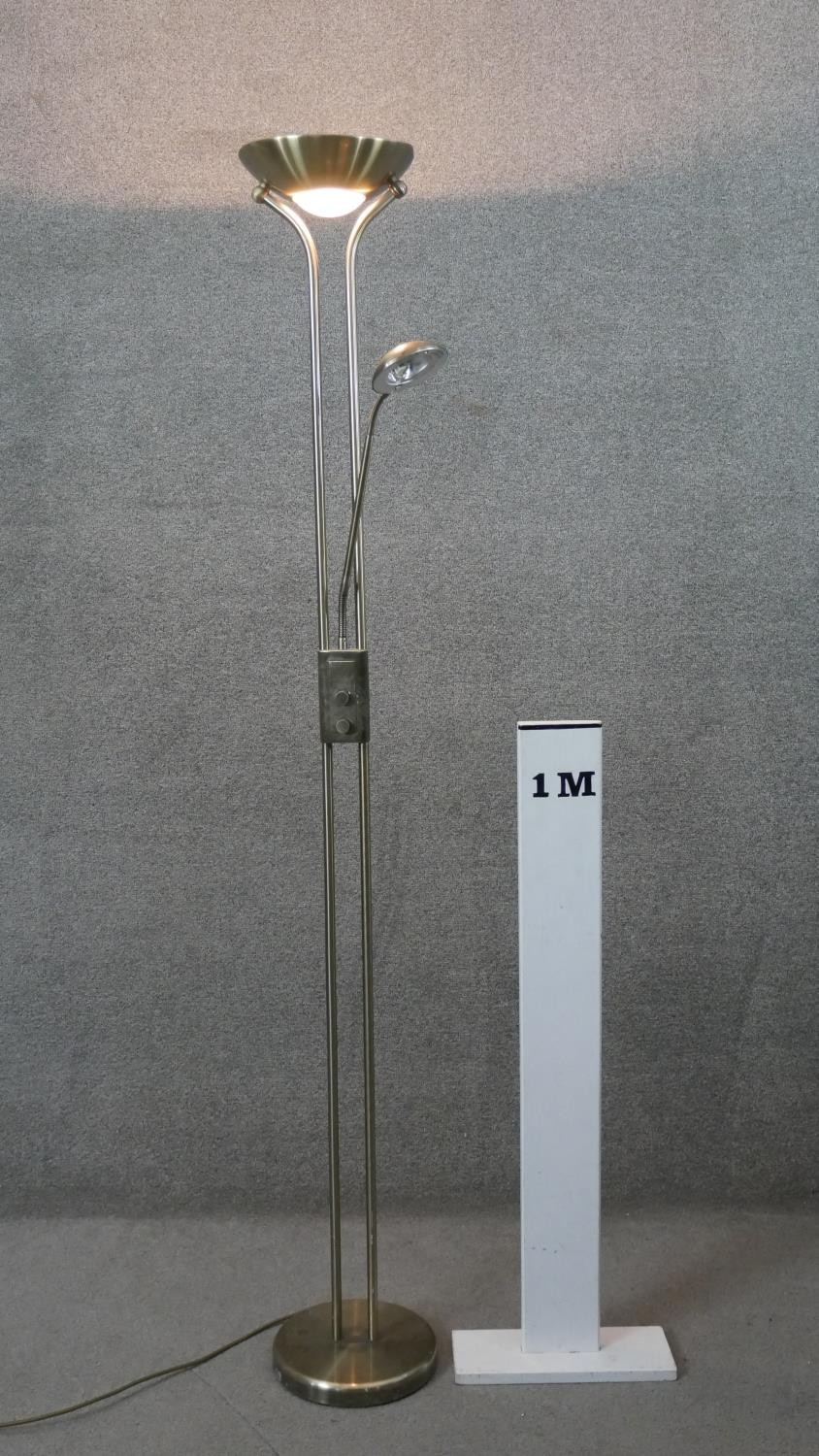 A brushed chrome dimming uplighter with adjustable reading light arm. H.179 W.75cm - Image 2 of 4