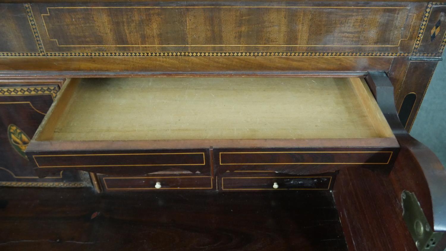 A Georgian mahogany, ebony and satinwood strung secretaire chest with fall front revealing fitted - Image 11 of 13