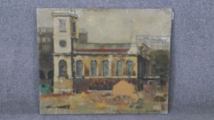 Ivy Jacquier, an oil on canvas study of a church, signed, brief artist's biography to the reverse.