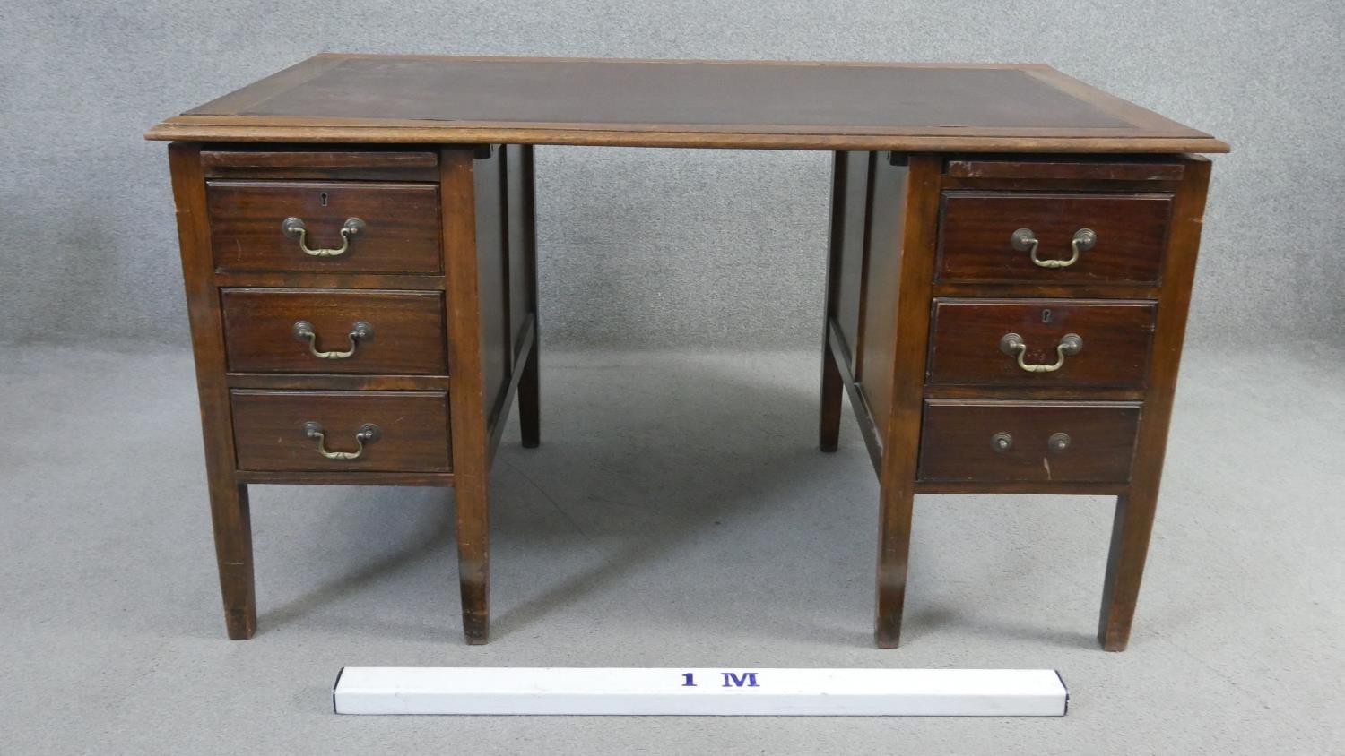 A vintage mahogany three section pedestal desk. H.75 W.136 D.82cm (With faults, as photographed). - Image 8 of 8
