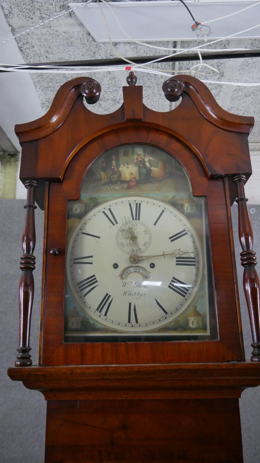 A Georgian figured mahogany longcase clock signed W. Raw Whitby with swan neck pediment, painted - Image 3 of 11