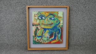 A framed oil on board, portrait study, "Tip-toe tall", Sally James, exhibition labels to the