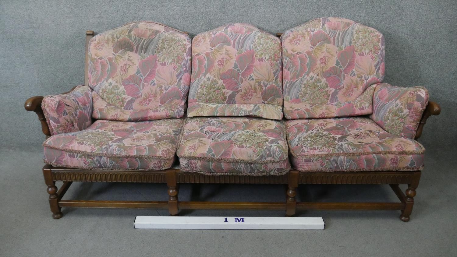 A vintage carved oak three seater sofa in the country antique style with fitted floral cushions. H. - Image 2 of 7