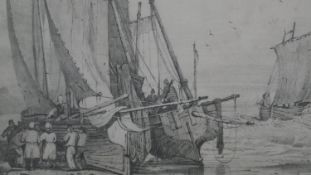 A 19th century framed and glazed pencil drawing of boats with figures. Indistinctly signed and dated