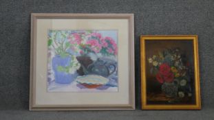 Two still lifes. One framed and glazed acrylic on paper, signed Hazel Rank-Broadley, label verso and
