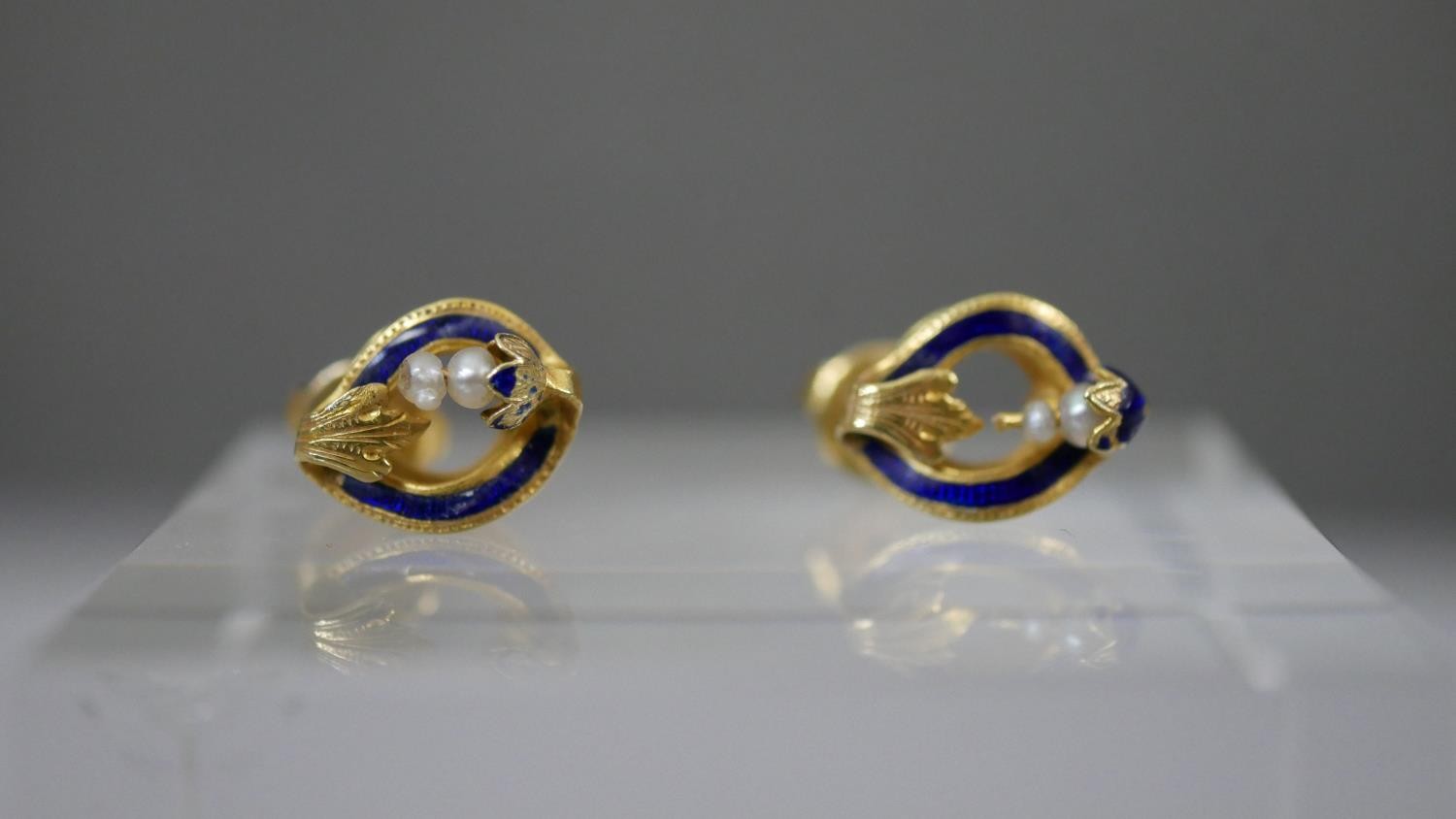 A pair of French 19th century seed pearl and blue enamel 18 carat yellow gold stud earrings. - Image 4 of 6