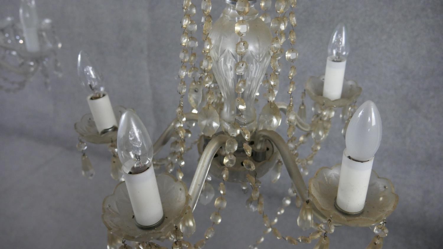 Two vintage cut crystal chandeliers, one eight (branch broken) branch and one five branch with - Image 3 of 6