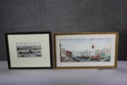 Two framed and glazed watercolours of boats. Signed Josh Ramsden. H.34 W.55 cm