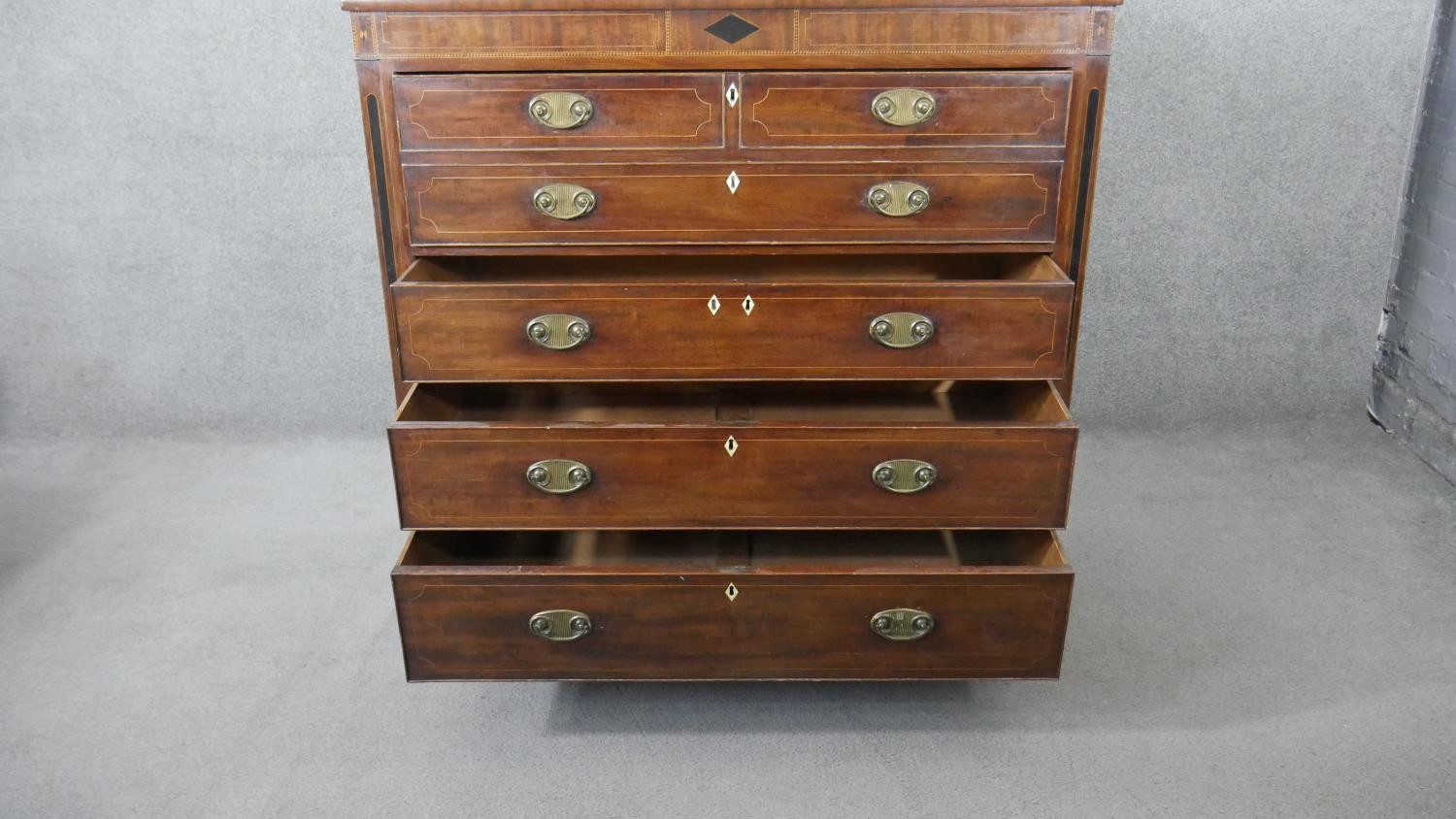 A Georgian mahogany, ebony and satinwood strung secretaire chest with fall front revealing fitted - Image 3 of 13