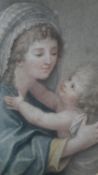 A framed and glazed 19th century hand coloured engraving of the Virgin Mary and Jesus. Unsigned. H.