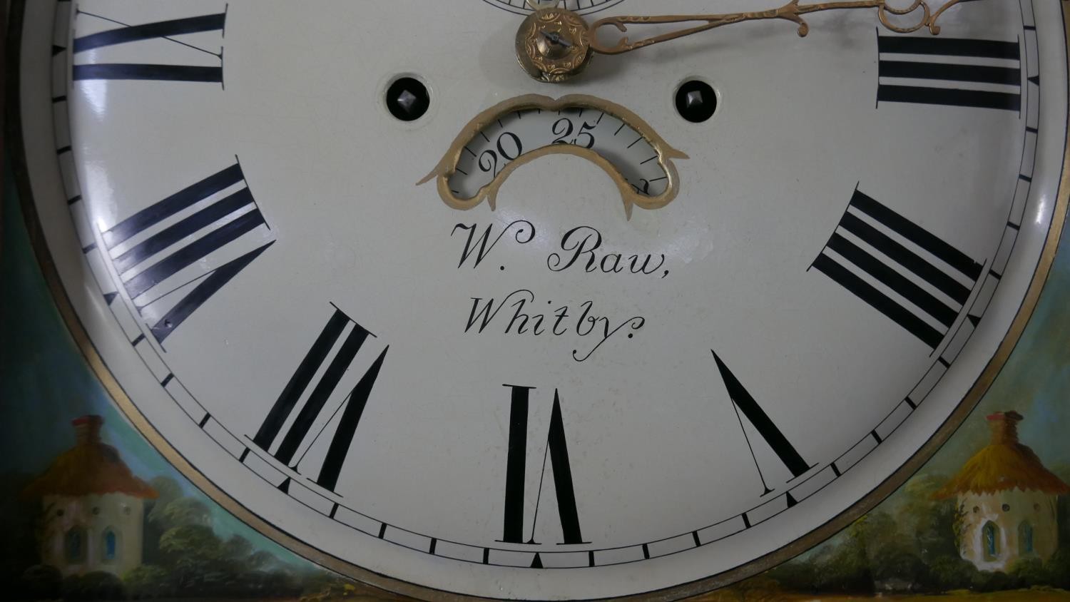 A Georgian figured mahogany longcase clock signed W. Raw Whitby with swan neck pediment, painted - Image 6 of 11