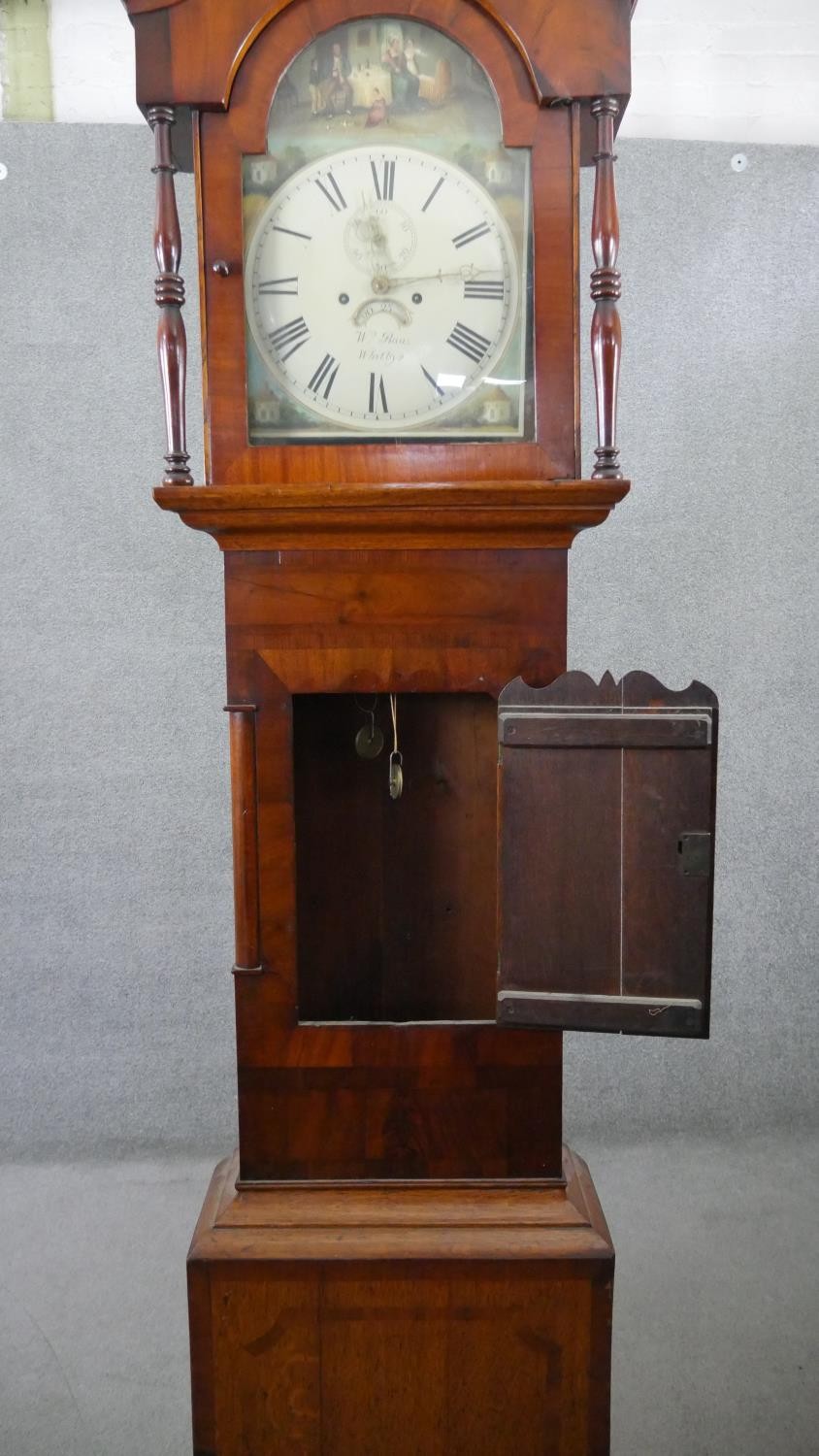 A Georgian figured mahogany longcase clock signed W. Raw Whitby with swan neck pediment, painted - Image 2 of 11