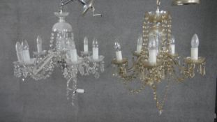Two vintage cut crystal chandeliers, one eight (branch broken) branch and one five branch with