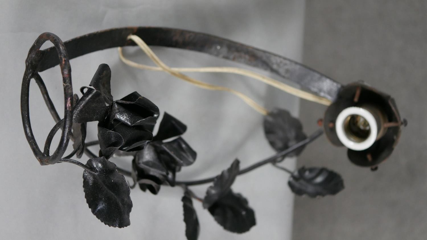 Two metal foliate and floral design lights. One black rose branch design and the other a vintage - Image 4 of 6